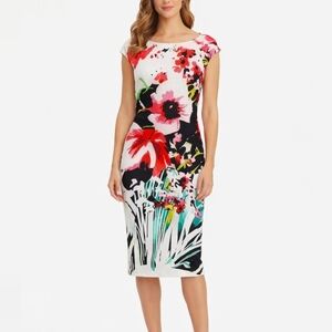 Gabby Skye Floral Sheath Dress Below Knee White Multicolor Abstract Floral Print